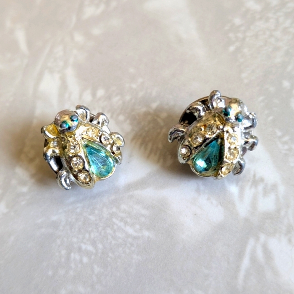 Two Vintage Miniature Beetle Bug Pin Brooch With Rhinestones - Picture 2 of 6